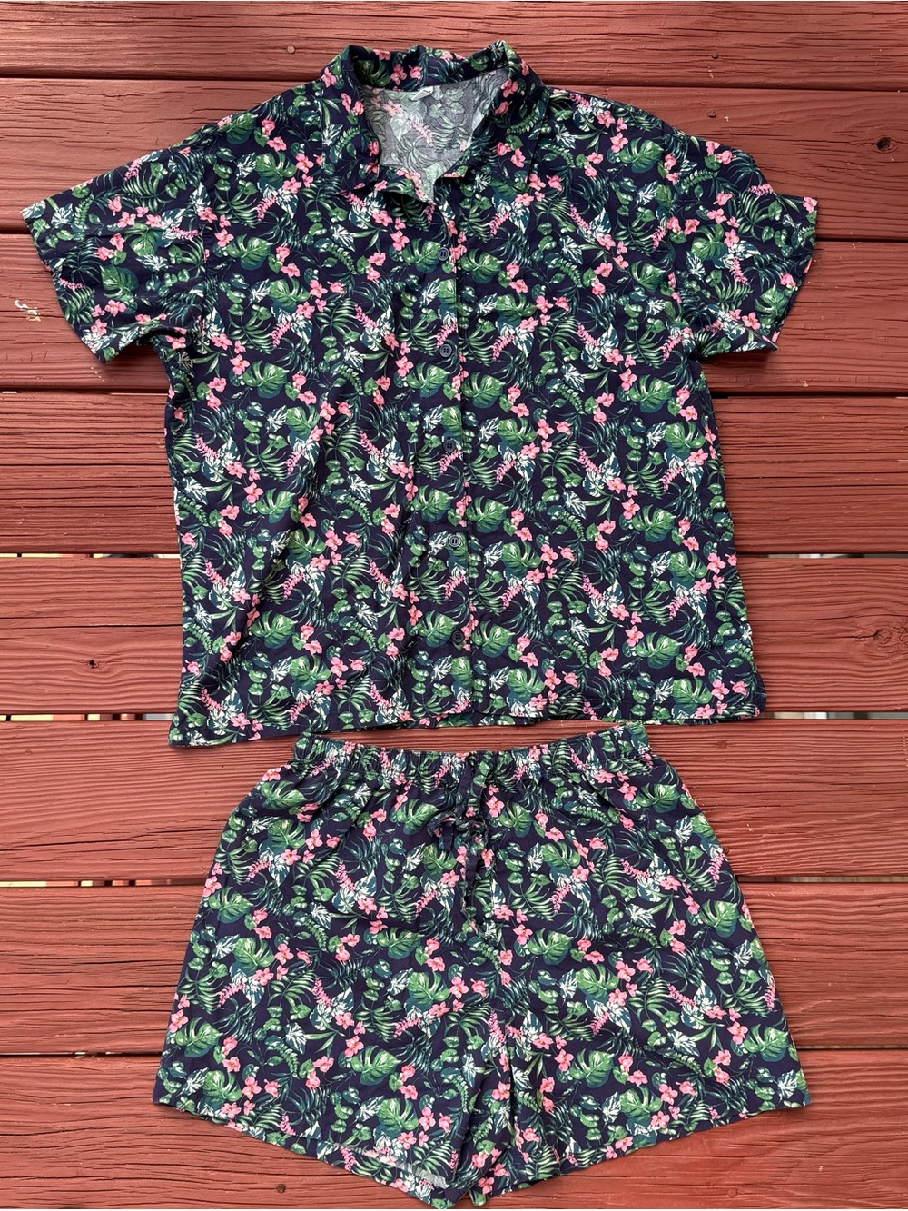 Uniqlo Navy Floral Short Pajama Set with Pink & Green Print